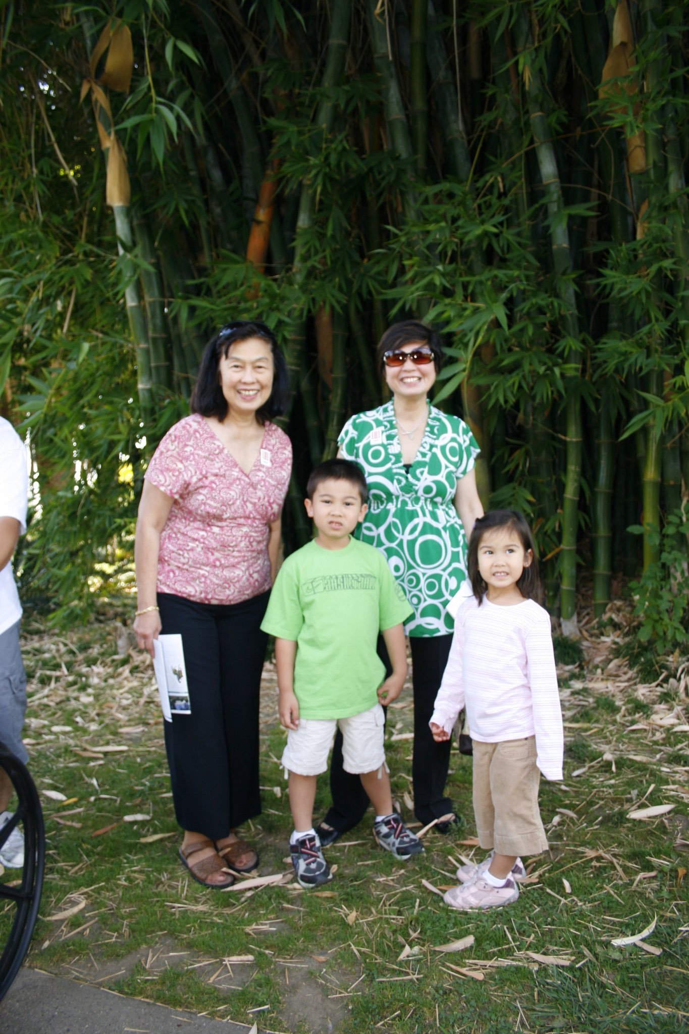 Family posing together in front of a bamboo grove